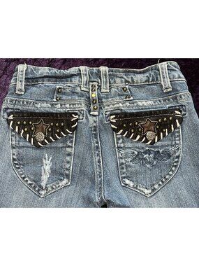 Denim Blue Jeans Straight Leg Western Star Studded Distressed Sz 3/4 Vigoss